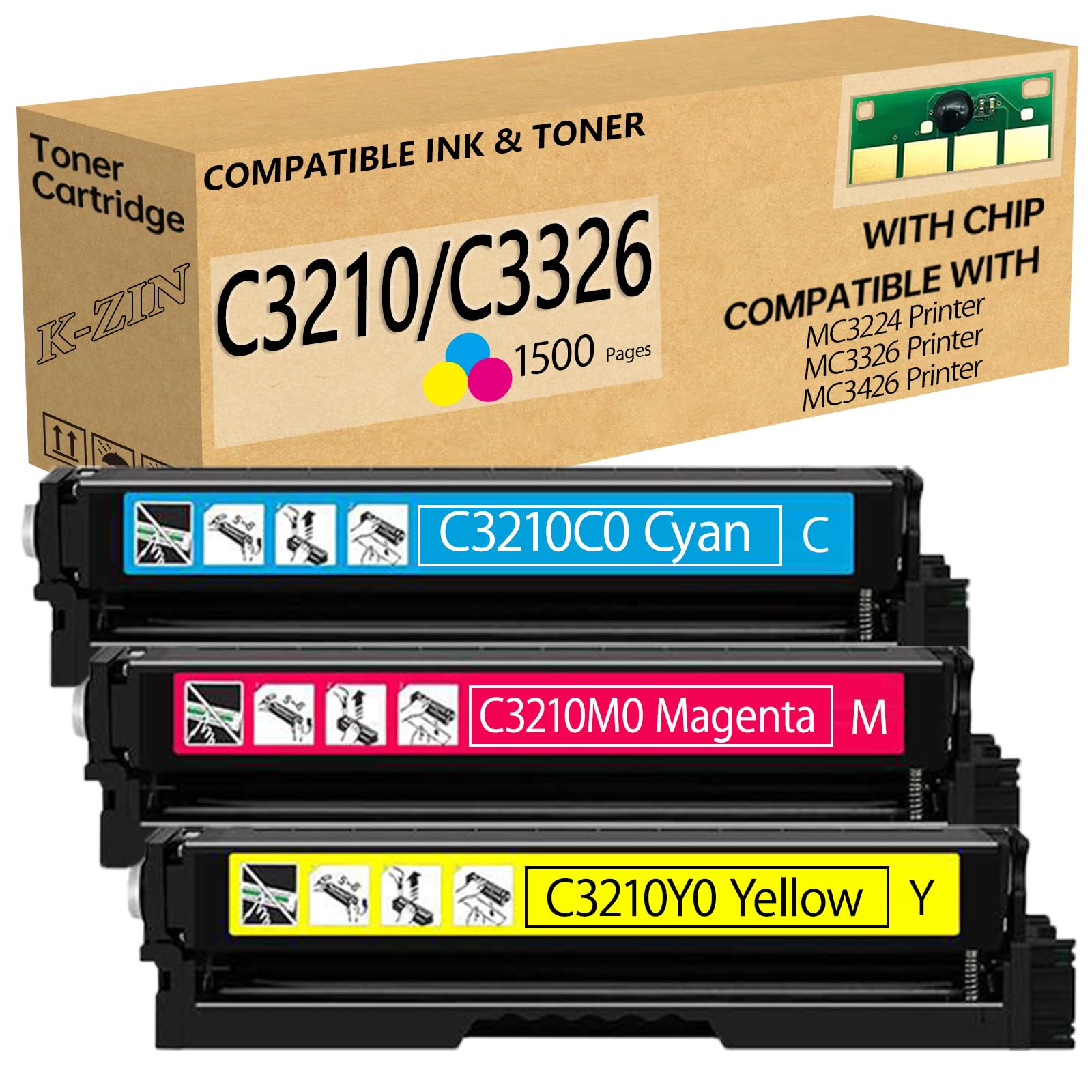 K-ZIN C3224 C3326 Toner Cartridge(1500 Pages,with Chip) Compatible with Lexmark C3210C0 C3210M0 C3210Y0 Toner Work for C3224 MC3426 MC3326 C3326 C3426