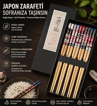 Valkyrie 5 Çift Japon Tarzı Ahşap Yemek Çubuğu Seti Kaymaz Uçlu Kedi Desenli Kutulu Chopstik Seti