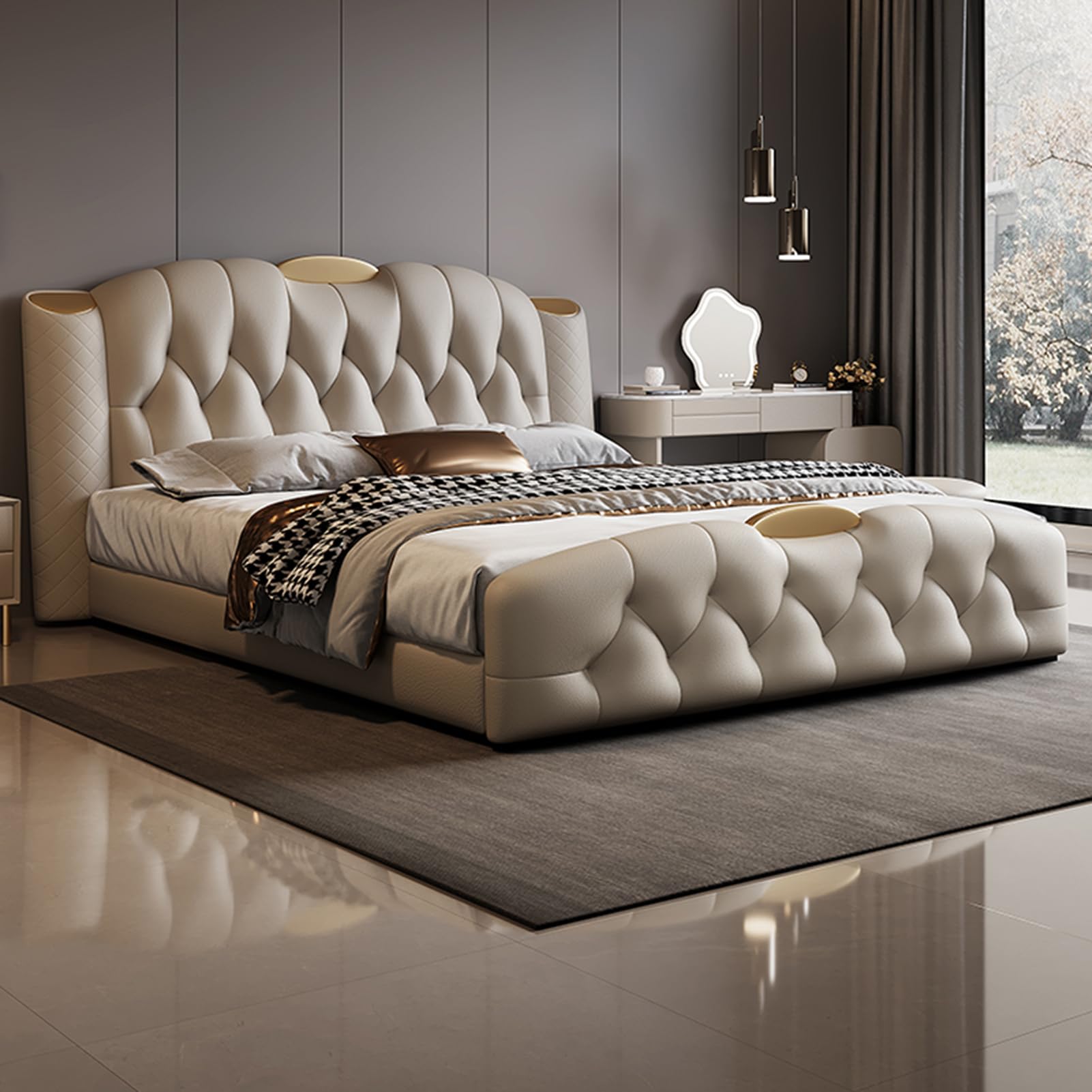King Size Genuine Leather Wood Bed Upholstered Platform Bed Frame with Wingback Headboard and Storage Drawers No Box