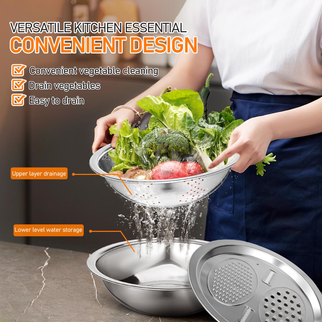 Ciieeo Bassine Inox Multifonction avec Passoire Égouttoir pour Fruits et Légumes Bol de Lavage et Panier de Stockage Alimentaire Évier de Cuisine Pratique et Facile à Nettoyer