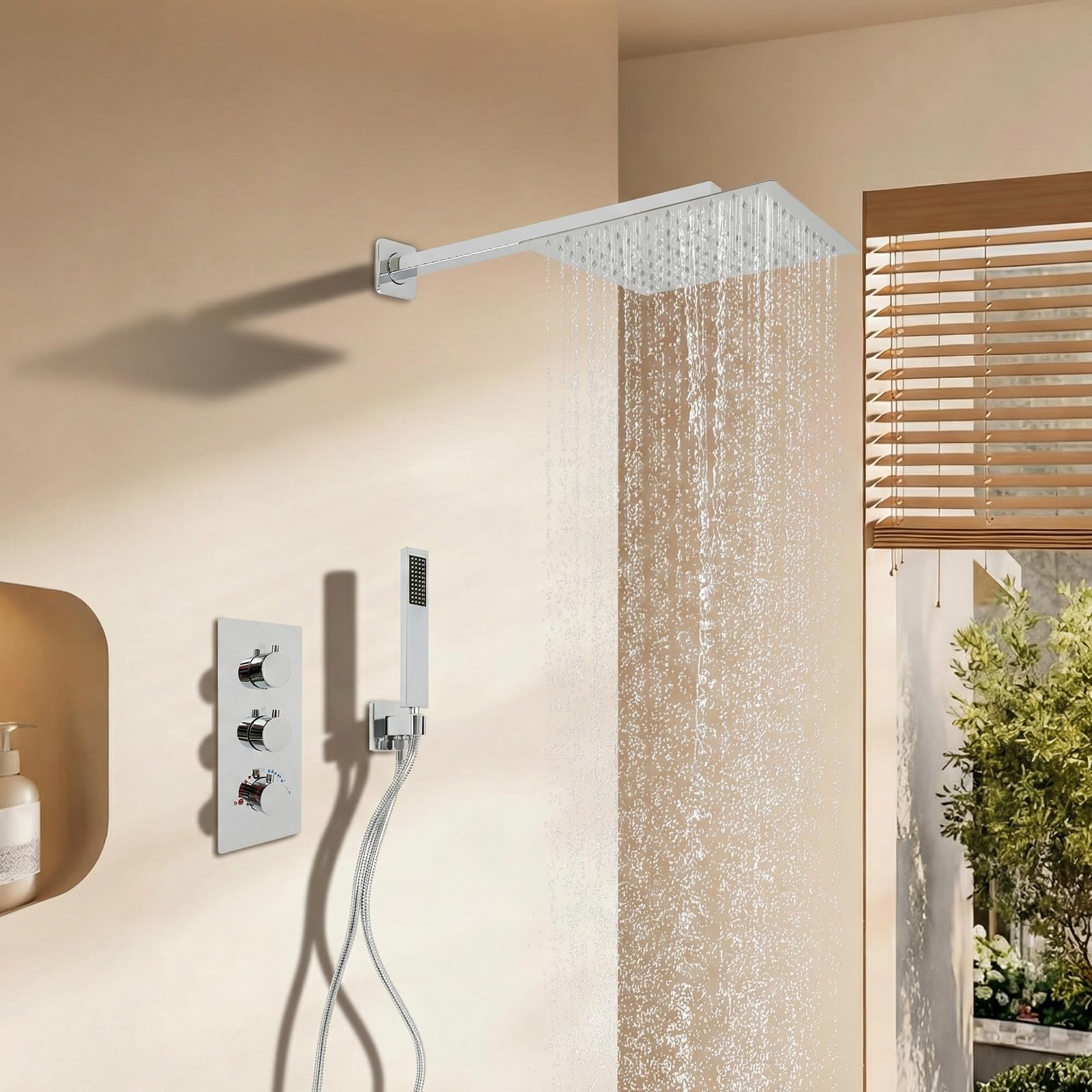Duscharmatur Unterputz Gold, 25 cm Regendusche Set mit Handbrause, Unterputz Armatur Dusche aus Messing, Unterputz Duschsystem Komplettset für Bad, Hotel & Dusche (Silber)