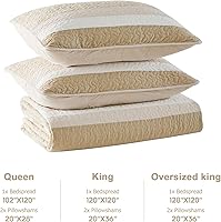 Vista 6 de Finlonte Juego de colcha 100% algodón sobreizado tamaño Queen, colcha acolchada reversible ligera a rayas, 3 piezas, marrón, tamaño Queen