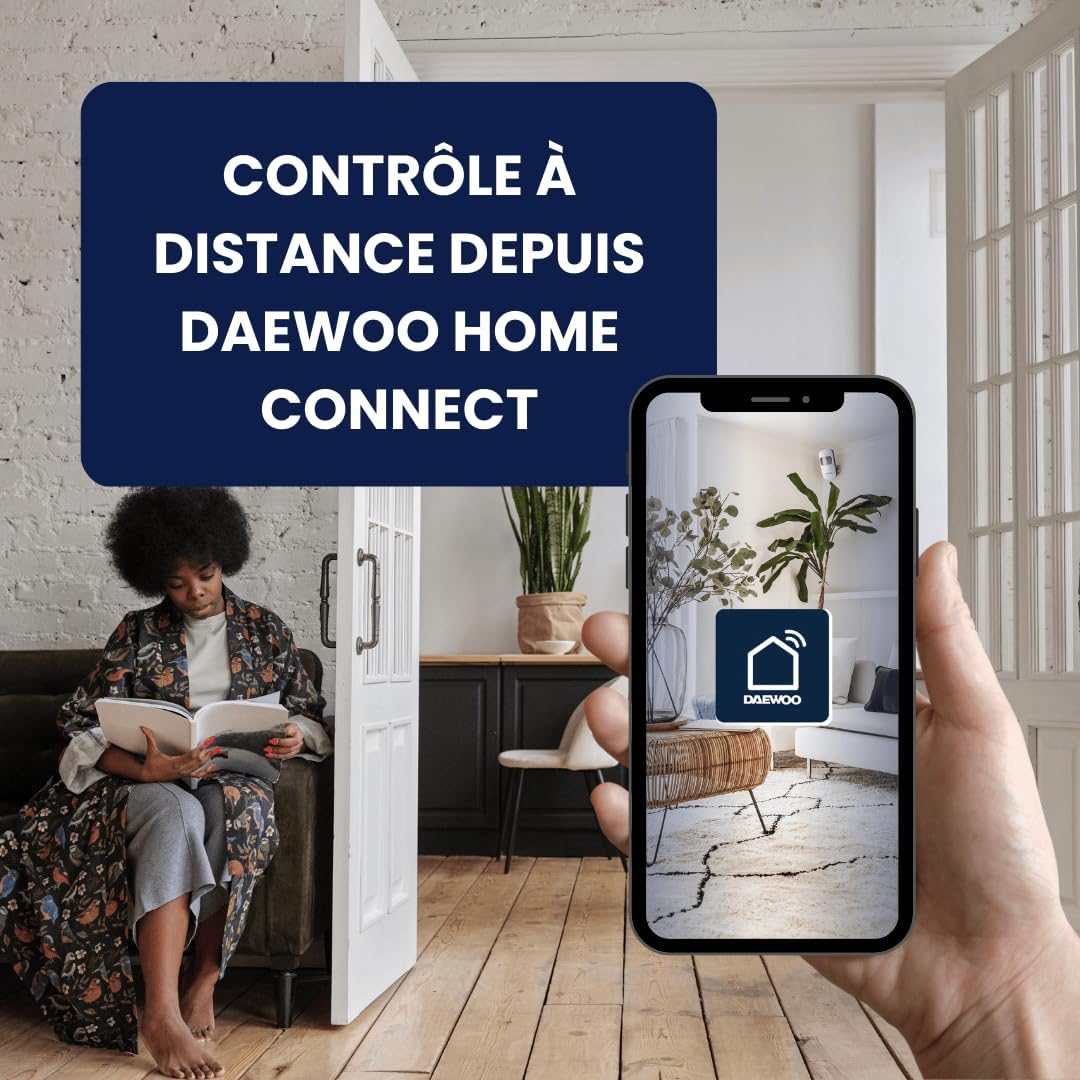 Person using the Daewoo Home Connect app on a smartphone to control the alarm system remotely.