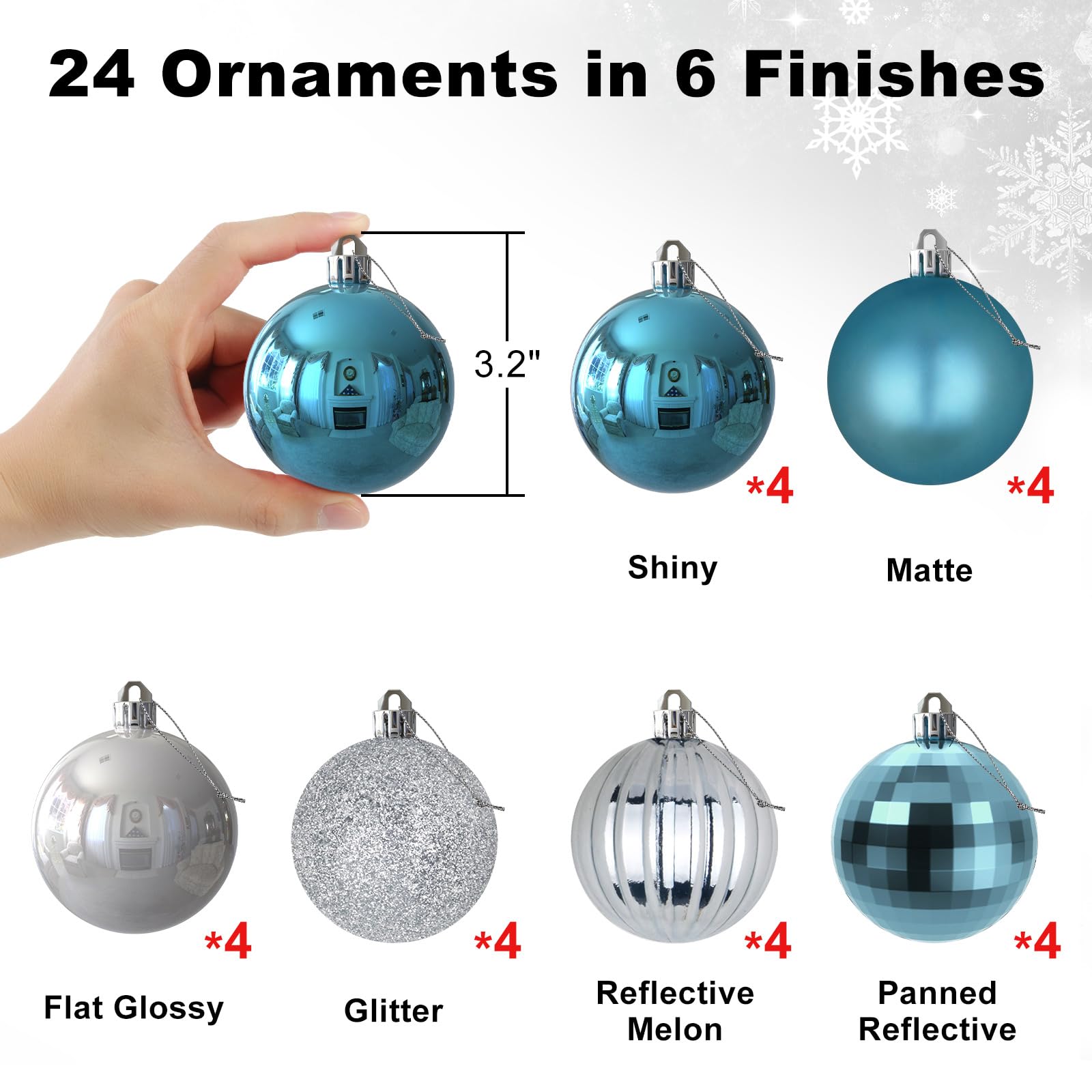 Lot de 24 grandes boules de Noël incassables à suspendre pour anniversaire, Halloween, vacances, mariage (8,1 cm, bleu layette/argenté)