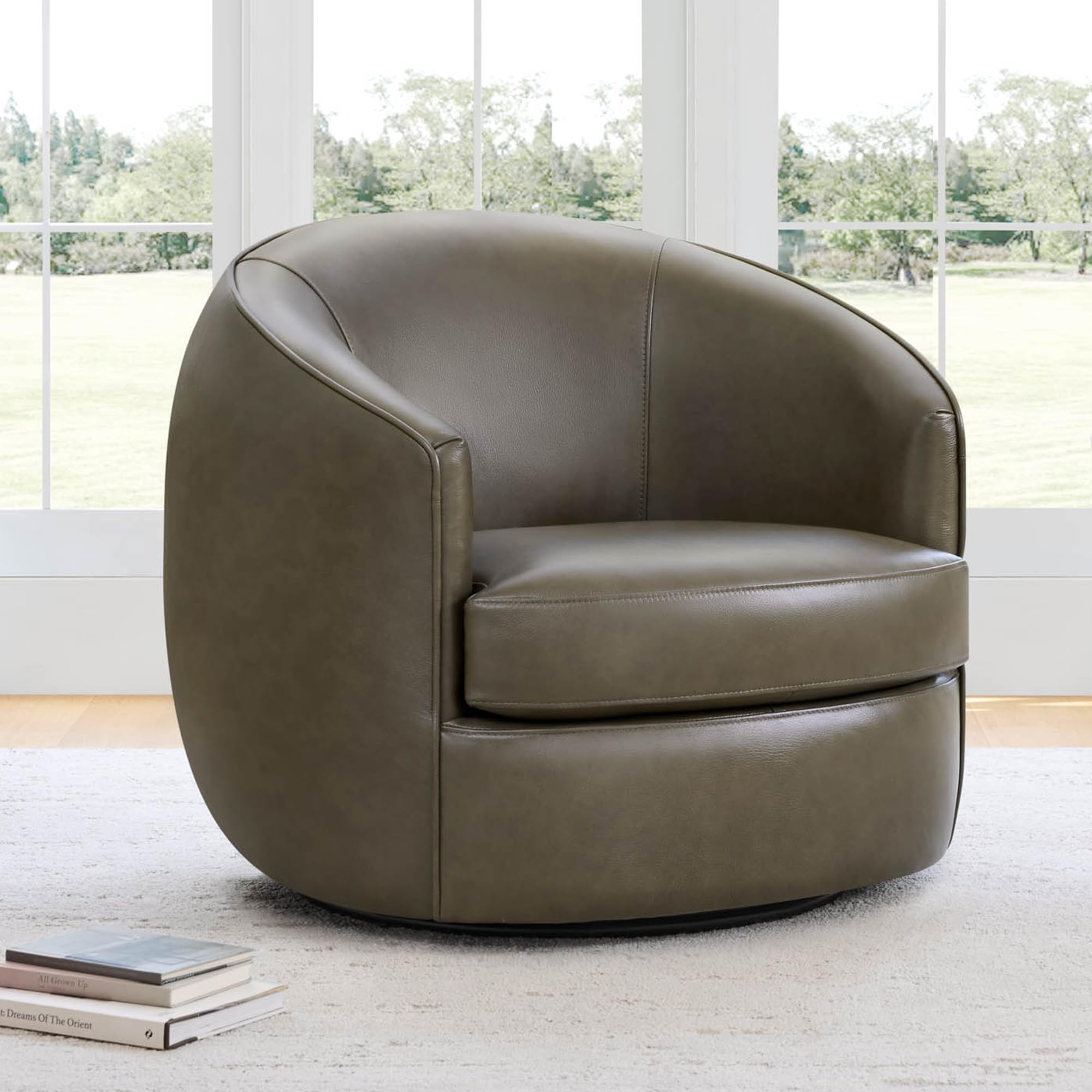 CHITA Genuine Leather Swivel Barrel Chair Mink Brown