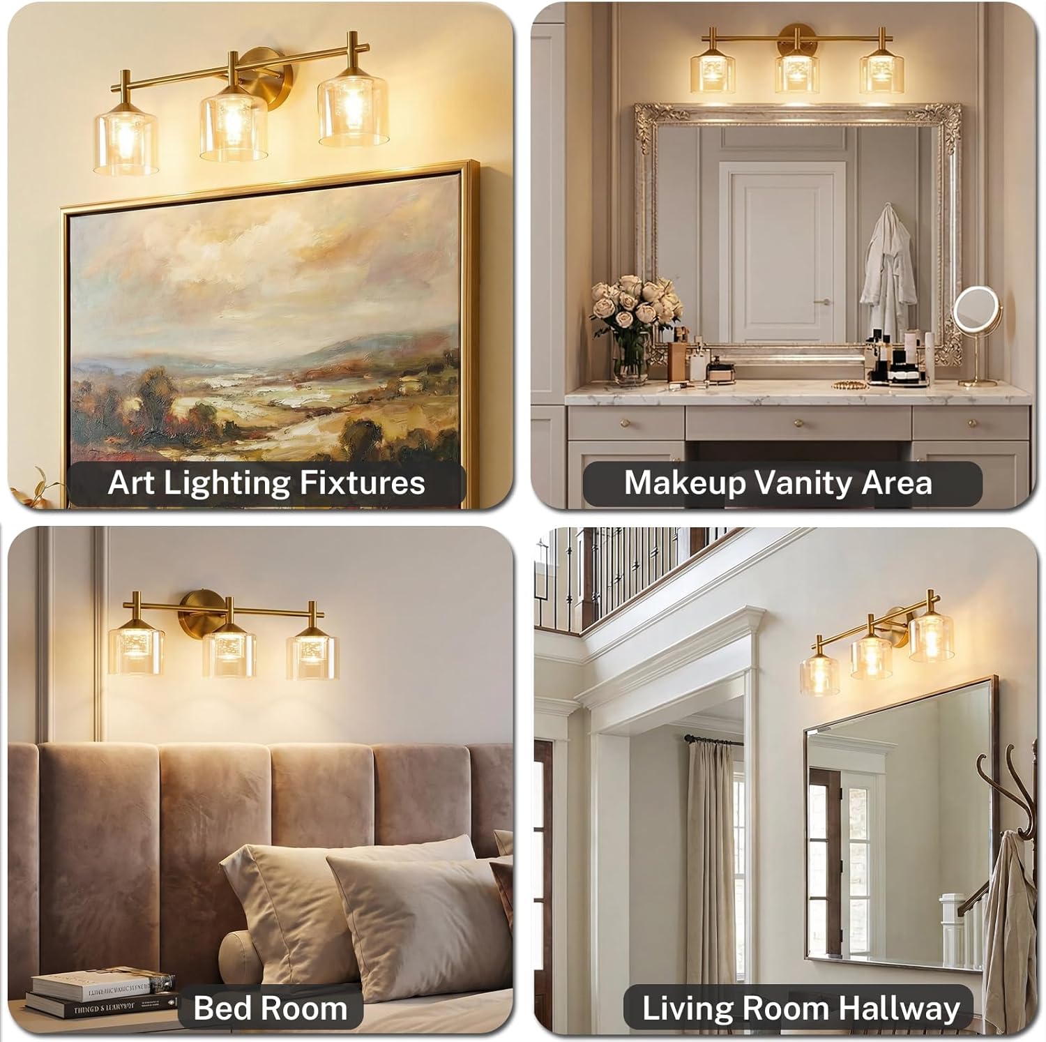 3 Light Bathroom Vanity Lights Over Mirror, 3 Color Mode Modern Lighting Fixture with Amber Glass Shade Brass Frame Wall Sconce IP44 for Makeup Shaving Bedroom Living Room, 3x5W Bulb Included