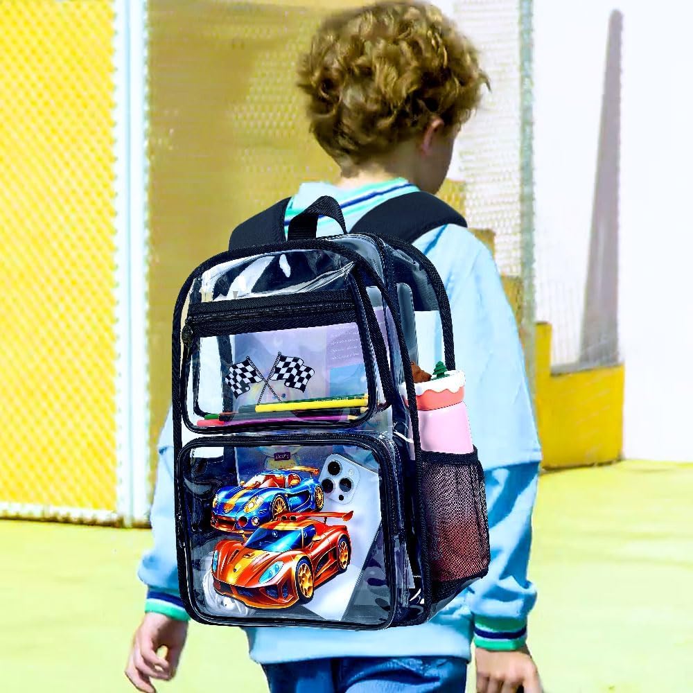 3PCS Kids Clear Backpack Heavy Duty, Cute Transparent Bookbag with Lunch Box for Boys, Black See Through School Bag - Race Car - Image 2