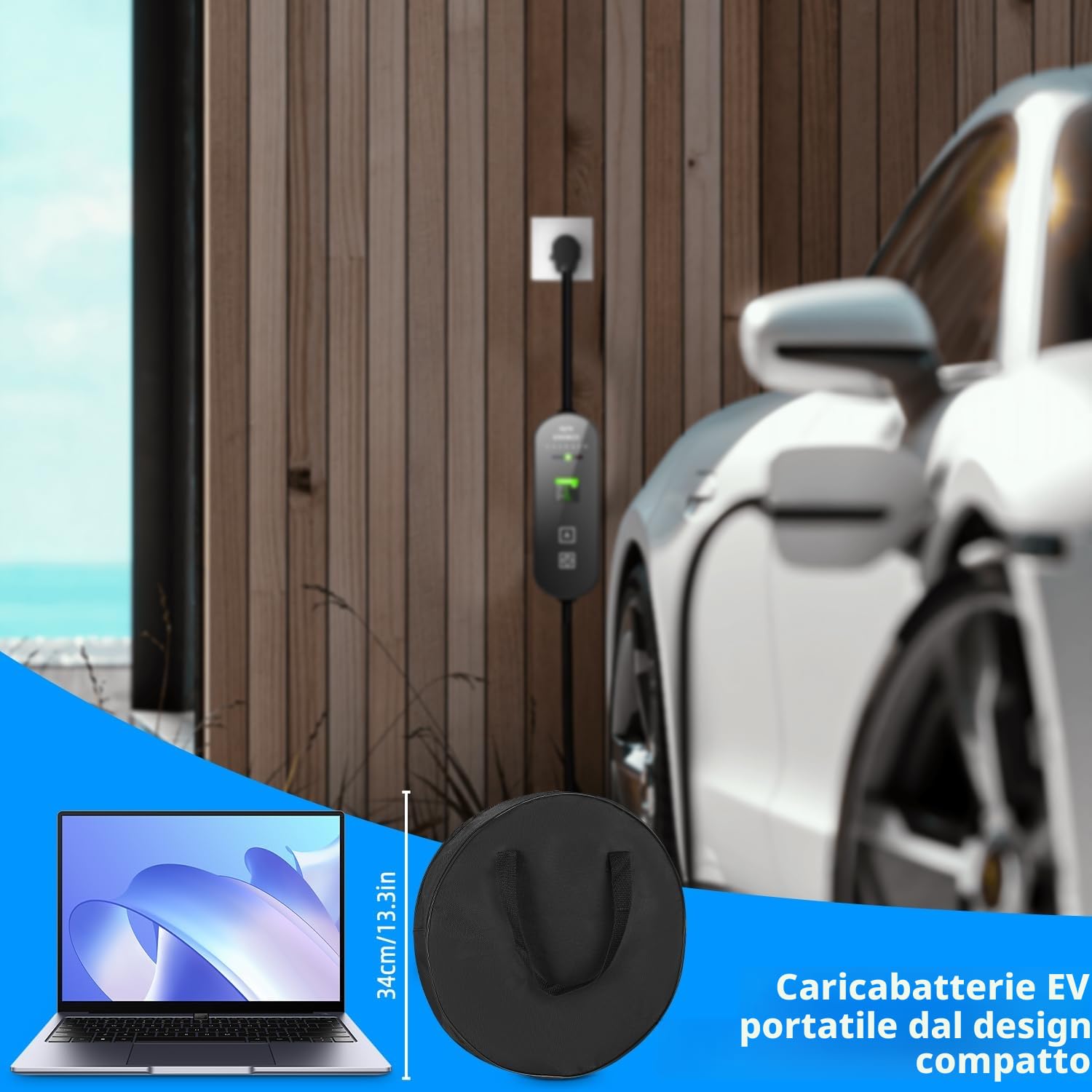 Cavo Ricarica Auto Elettrica Tipo 2 Schuko 3,5kW [5m, 6/8/10/13/16A] con LCD Controllo Digitale e Supporto Compatibile con Model Y/3, 500e, e-208 e altri EV/PHEV