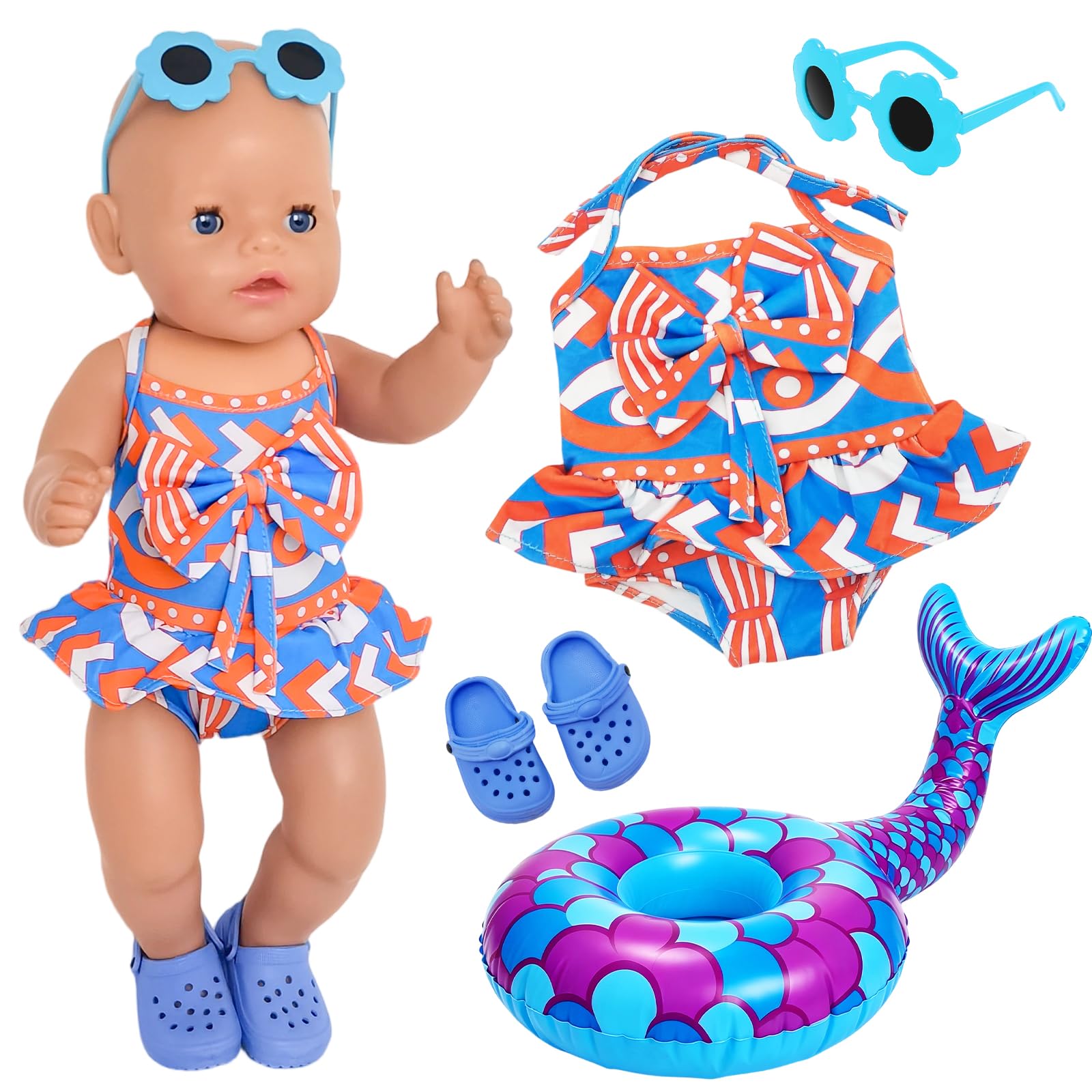 Doll Clothes for 14–17 Inch Dolls, Swimsuit with Funny Drink Float Holder