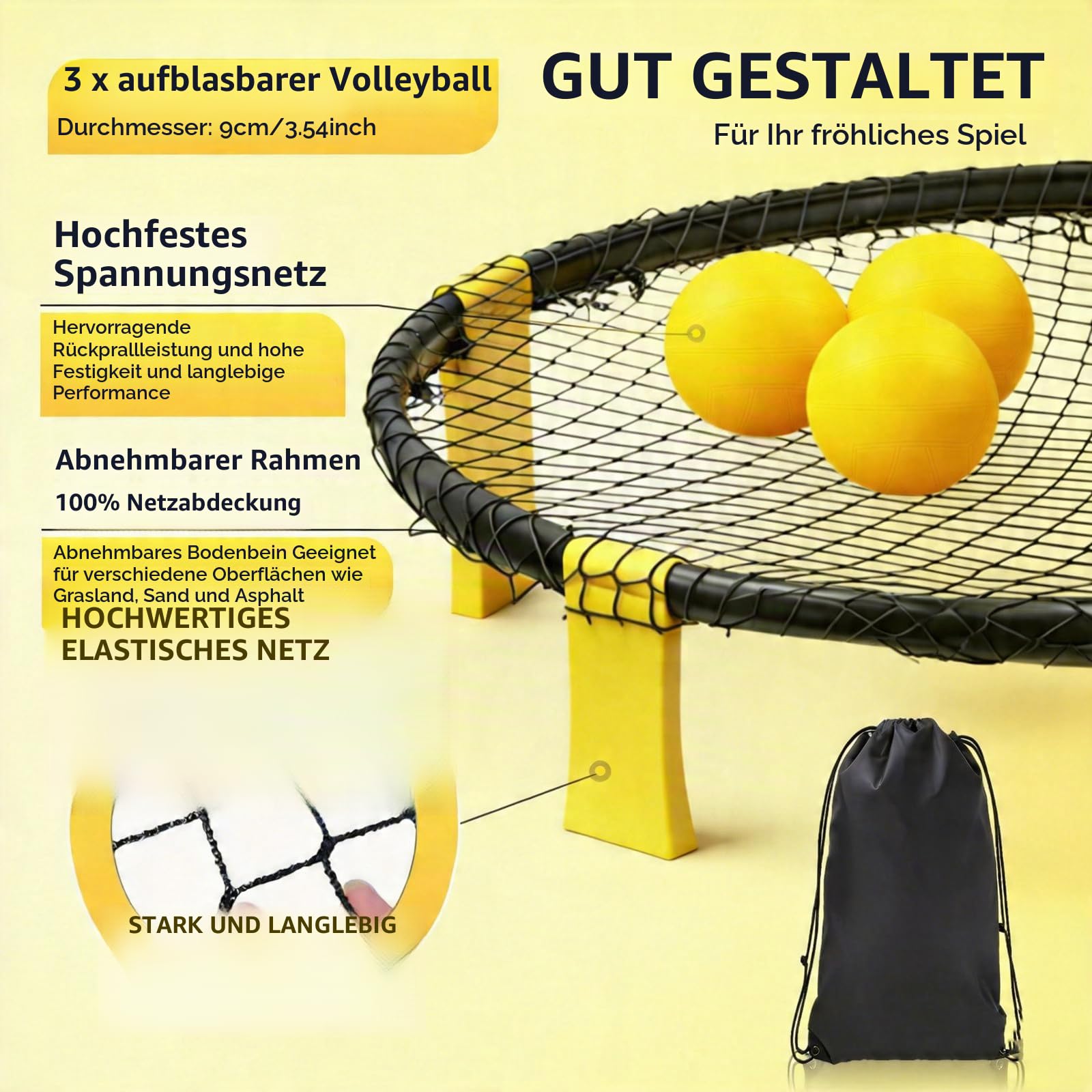 Outdoor Roundnet Spieleset,Outdoor Team Ballspiel bestehend aus Spielnetz, 3 Bällen, Kordelzug, Ballpumpe und Handbuch