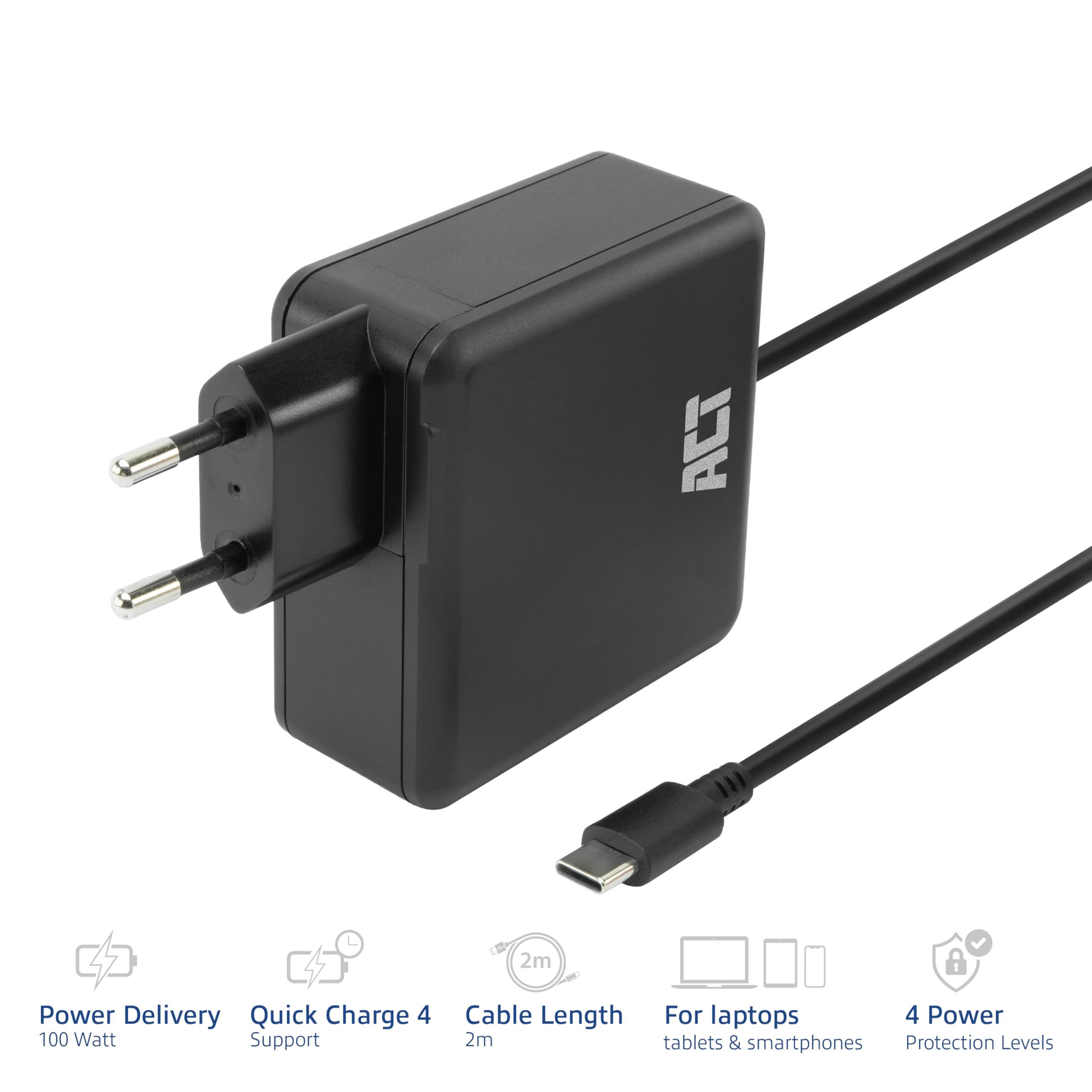 ACT Cavo di ricarica USB C per laptop, 100 W (PD 3.1/PPS) con cavo USB C fisso da 2 m, alimentatore di rete USB C per MacBook Air, Dell, HP, Lenovo, iPad, iPhone, Android (spina europea), AC2015