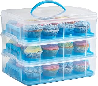 VonShef Cupcake Carrier with Handle, Blue Three Tier Stackable Cup Cake Box, 36 Muffin Cake Carrier with Airtight Snap Lid, Clear Plastic Baked Goods Container