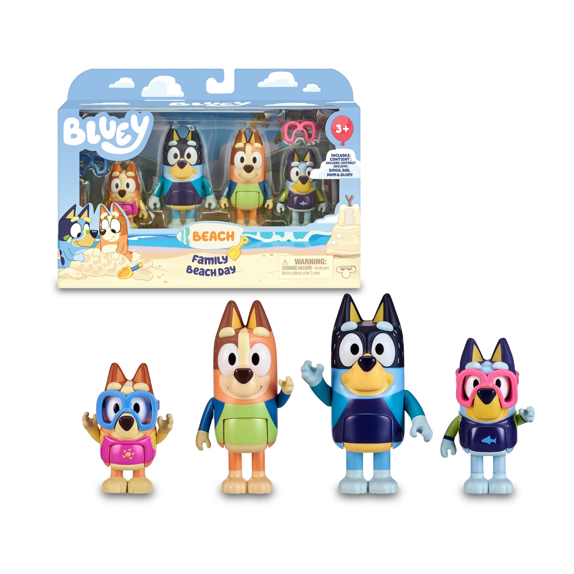 Bluey - Pack 4 Figuras Playa, Figuras articuladas Familia preparados para IR a la Playa, muñecos de la Serie Infantil, muñecos de Chilli, Bandit, Bingo Vestidos, Famosa (BLY63100)
