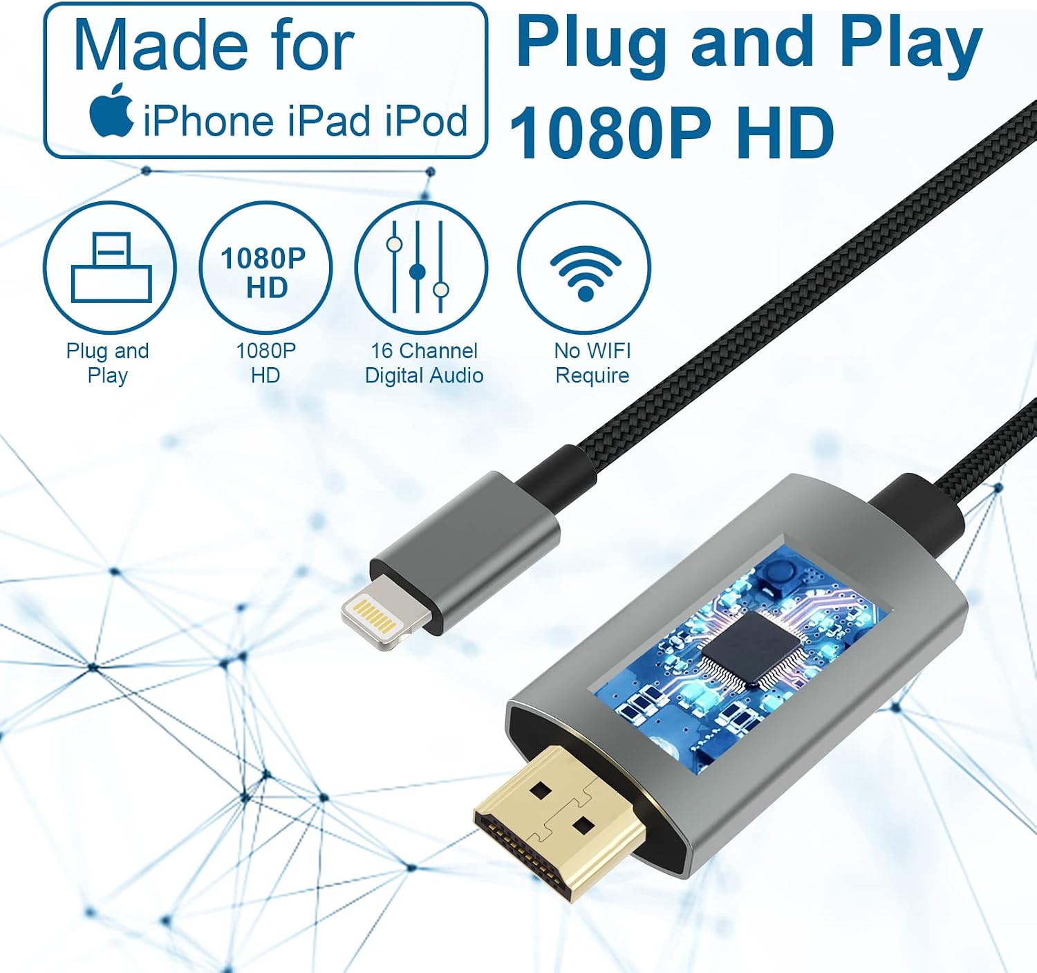 [Apple MFi Certified] Lightning to HDMI Digital AV Adapter, 5 FT HDTV Cable Compatible with iPhone, iPad, iPod 1080P Digital AV Sync Screen Connector on HDTV Monitor Projector-NO Need Power Supply