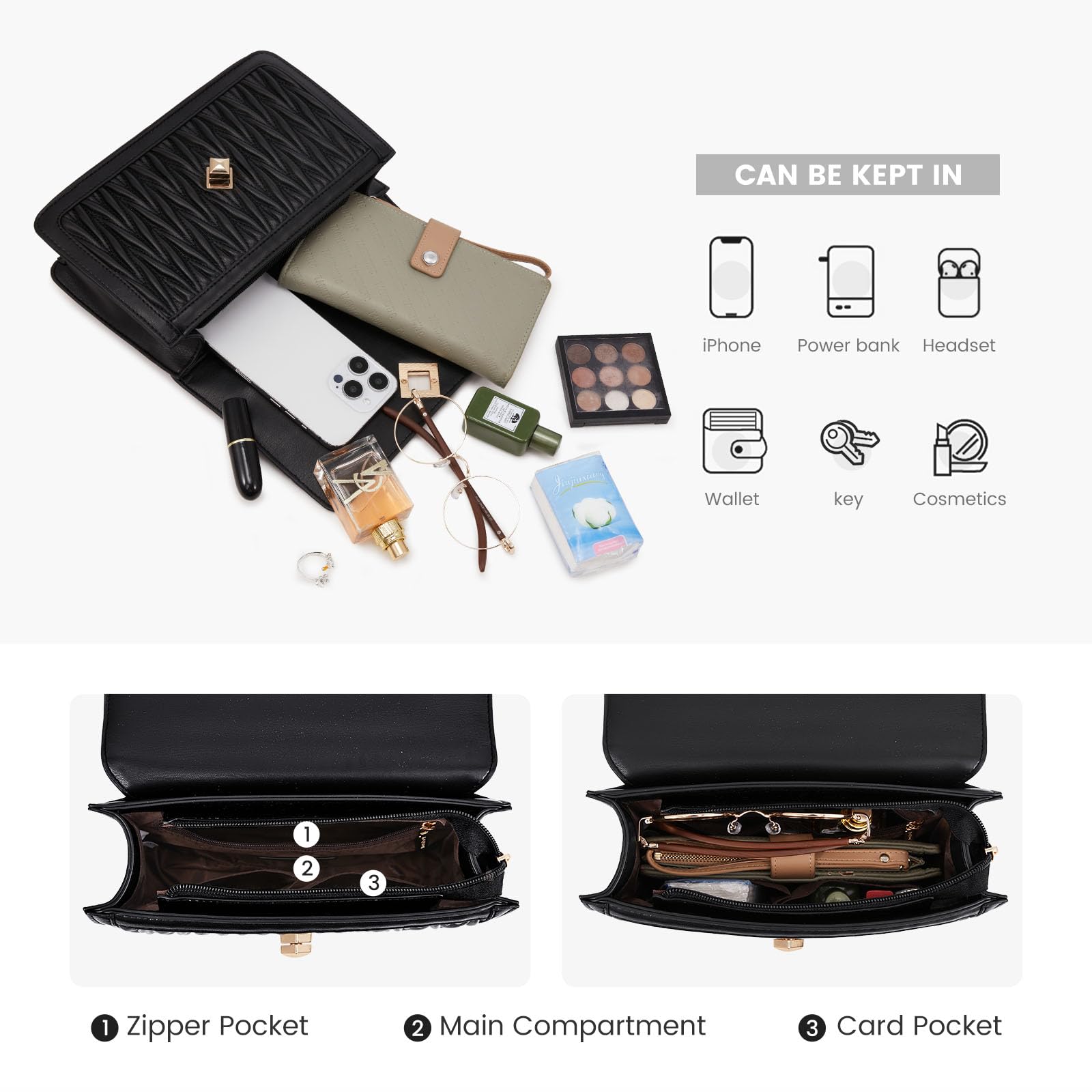 LOVEVOOK Crossbody Bags for Women Leather Quilted Shoulder Bag with Chain Strap Trendy Clutch Satchel Ladies Evening Bag