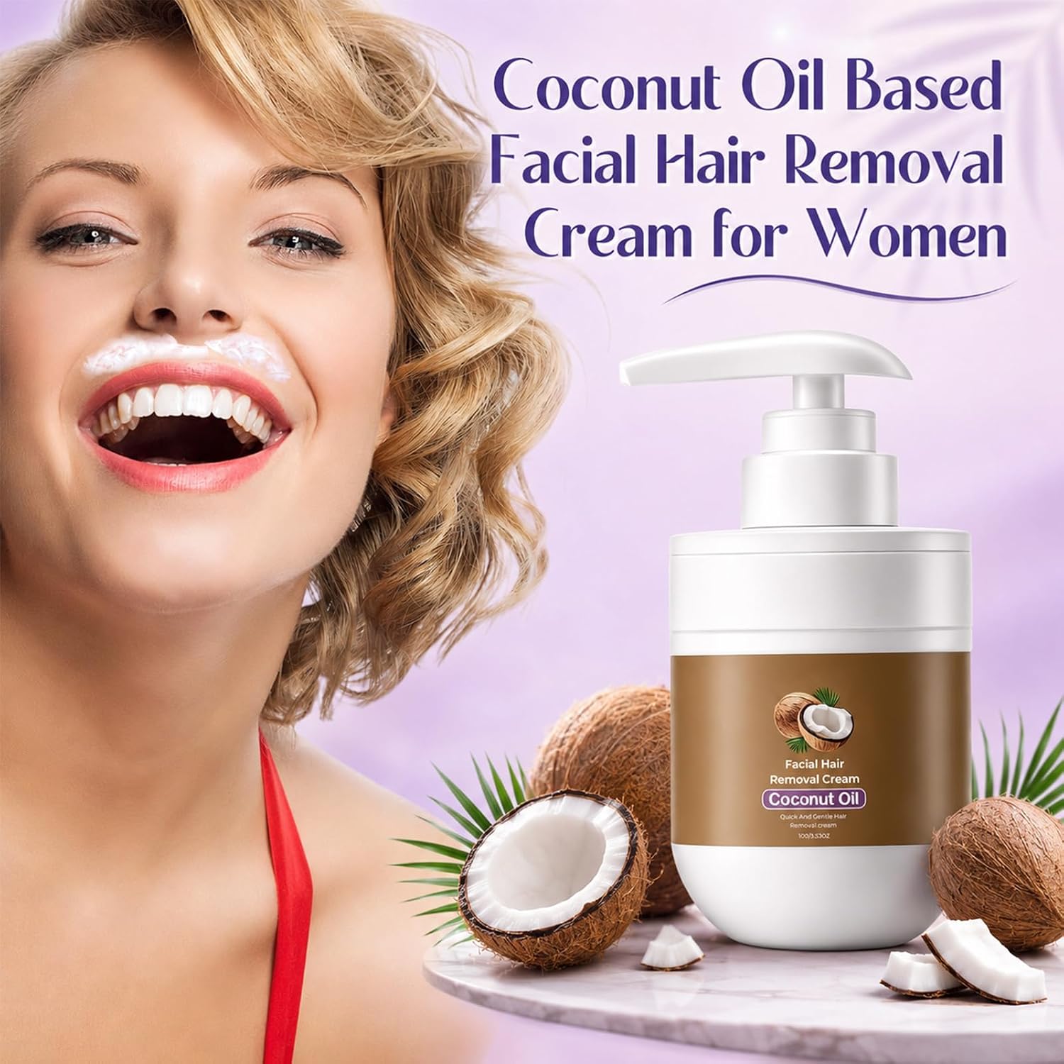 2PCS Coconut Oil Formula Facial Hair Removal Cream, Hair Removal Cream for Women, Gentle and Non-irritating, All Skin Types 3.53 oz