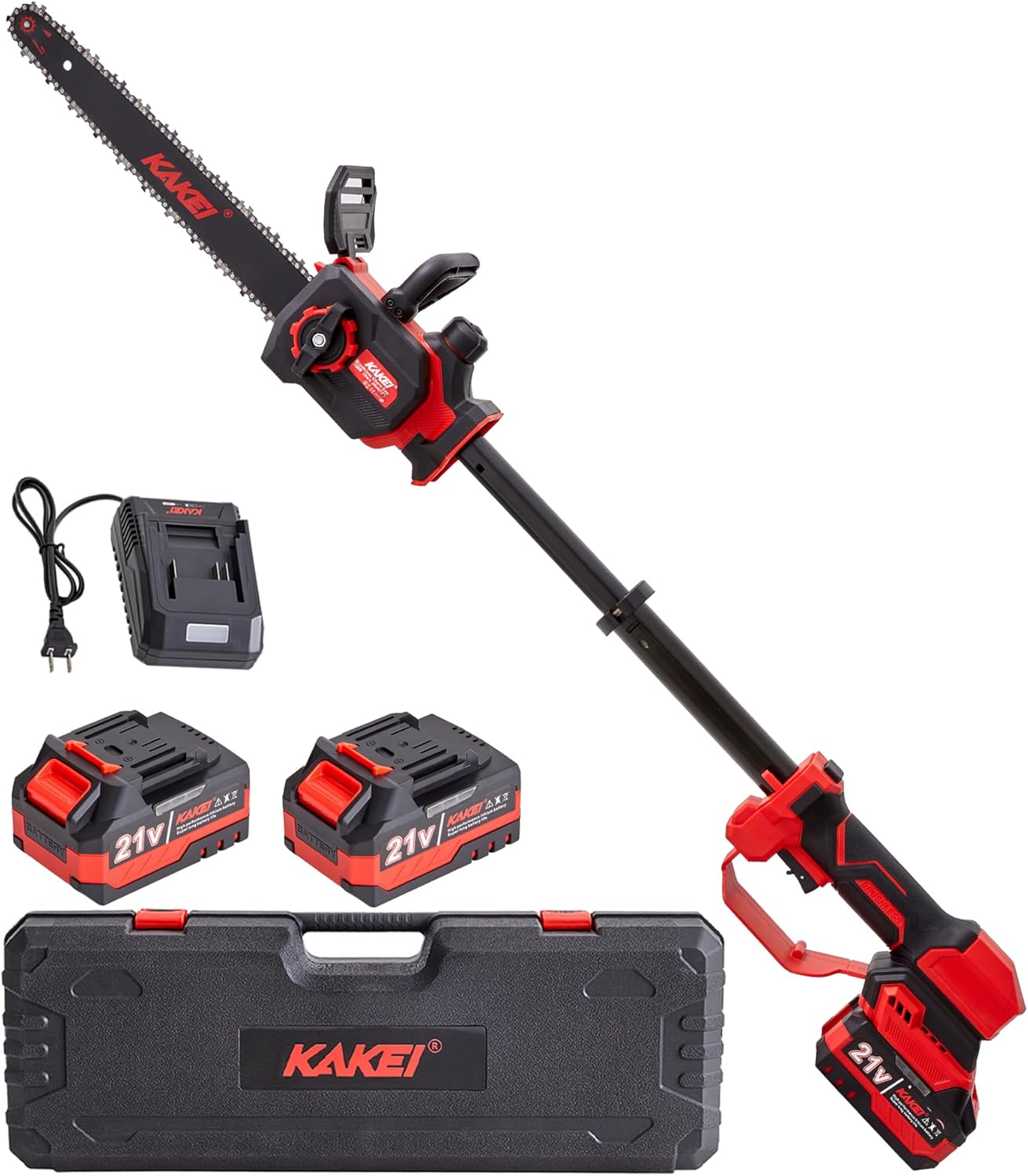 KAKEI 21V Brushless Telescopic Chainsaw - 12 Inch Cordless Pole Saw for Tree Trimming & Branch Cutting - Extends 3 Ft, with 2 Batteries, Fast Charger & Carrying Case, for Home and Garden Use