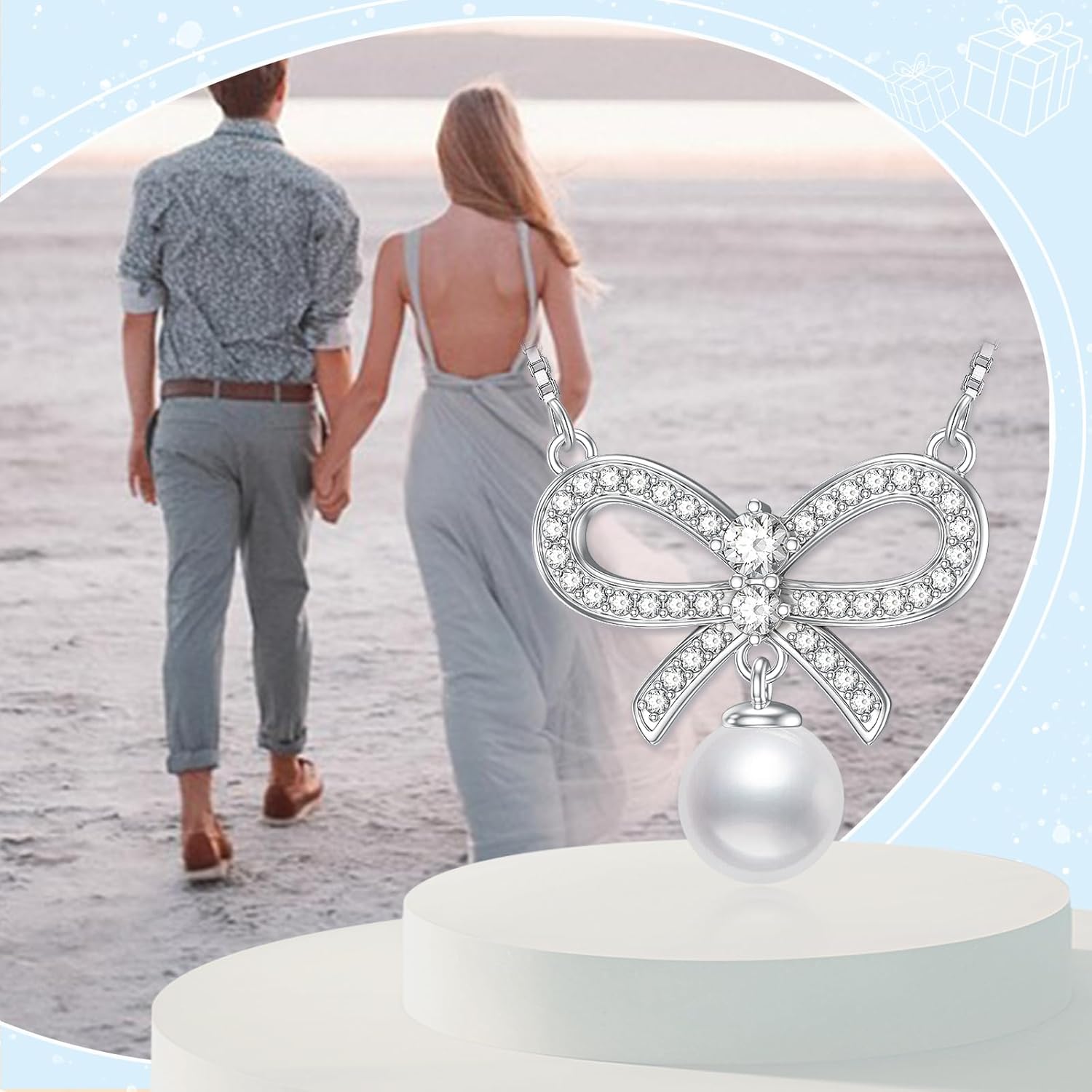 Silver Pearl Pendant Necklace Ribbon Diamond Freshwater Pearl Necklace for Women Classic Ladies Jewelry Valentine's Day Christmas Birthday Gift - Image 5