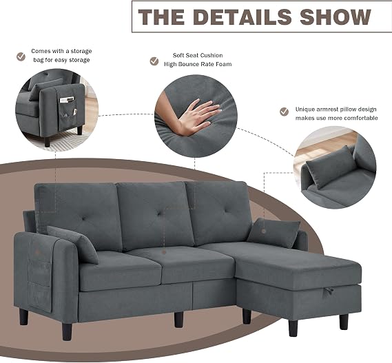 Convertible Sectional Sofa, 77 Small L Shaped 3 Seat Couch with Reversible Storage Chaise, Modern Polyester Fabric Sofa Couches for Living Room, Apartment and Small Space, Dark Grey