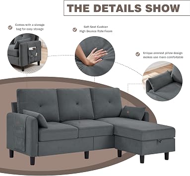 Convertible Sectional Sofa, 77 Small L Shaped 3 Seat Couch with Reversible Storage Chaise, Modern Polyester Fabric Sofa Couches for Living Room, Apartment and Small Space, Dark Grey