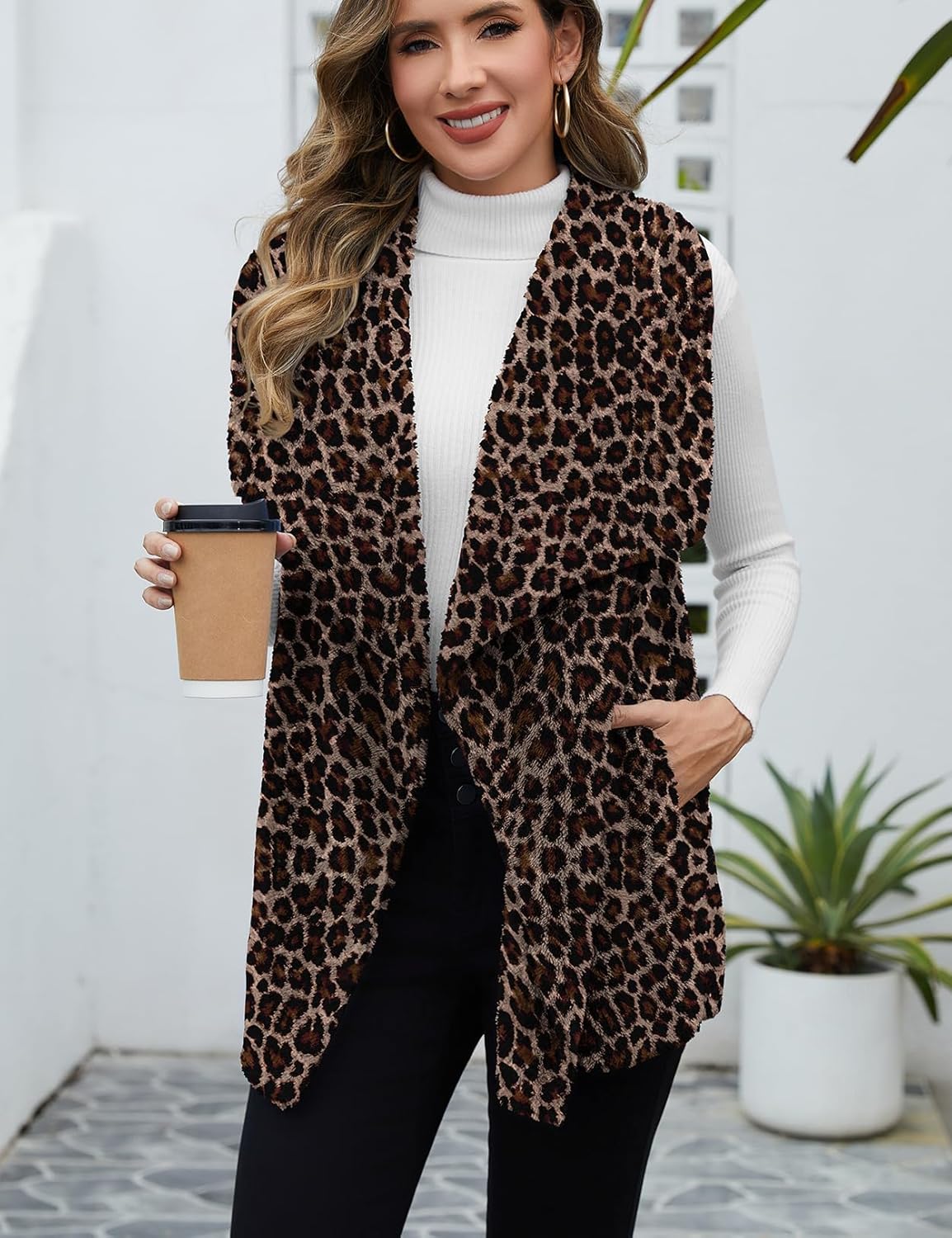 Women Fuzzy Fleece Vest Sleeveless Sherpa Jacket Winter Open Front Fluffy Outerwear Coats with Pockets - Image 4