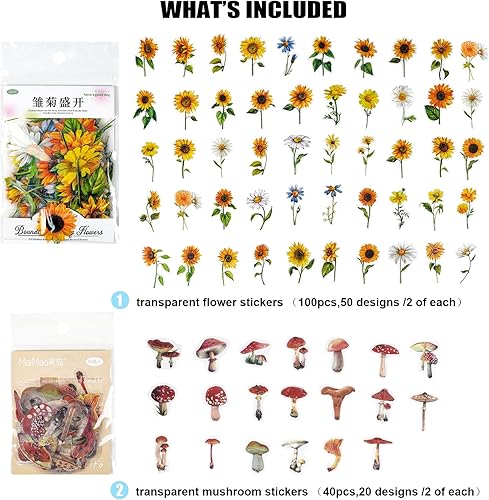 Miniatura 2 de Juego de calcomanías de flores  140 piezas naturales de hongos florales botánicos, autoadhesivos, álbumes de recortes, calcomanías decorativas