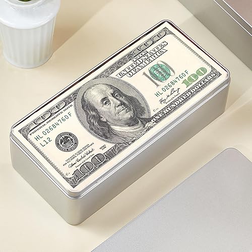 Miniatura 4 de Caja de dinero de metal plateado con 100 soportes de papel transparente, soporte para billetes de dólar con estuche de almacenamiento, bandeja de