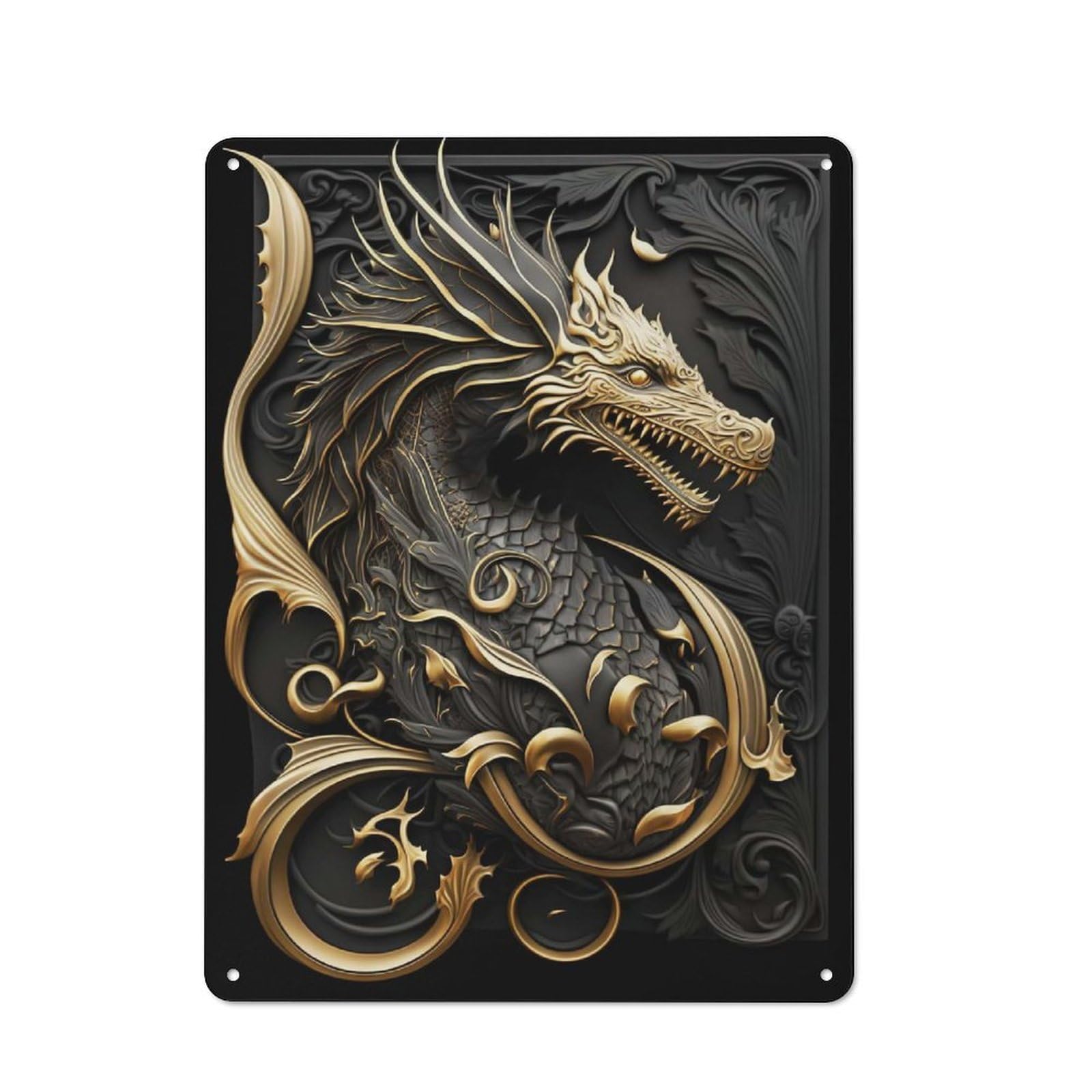 Junmoney Style-17 Metal Wall Sign 40X30cm Featuring Dragon Golden Flame For Hallway Wall, For Hallway Decor Lovers, For Retro Home Interiors