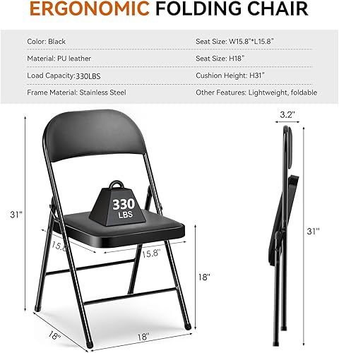 Miniatura 2 de Sillas plegables con cojín, 1 unidad, asiento acolchado negro, marco de metal con respaldo, silla plegable portátil, silla plegable ligera para el