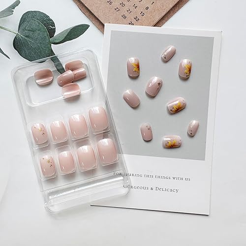 Miniatura 3 de Uñas postizas cortas a presión de otoño, uñas postizas de cabeza redonda con diseño de hoja de arce, diseño de lámina dorada, degradado, brillante,