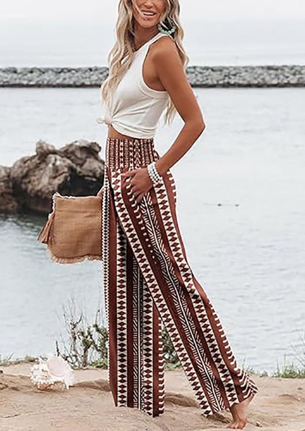 Casual Loose Fit Palazzo Long Pants for Women Elastic High Waist Lounge Pajama Wide Leg Trousers with Pocket - Image 5