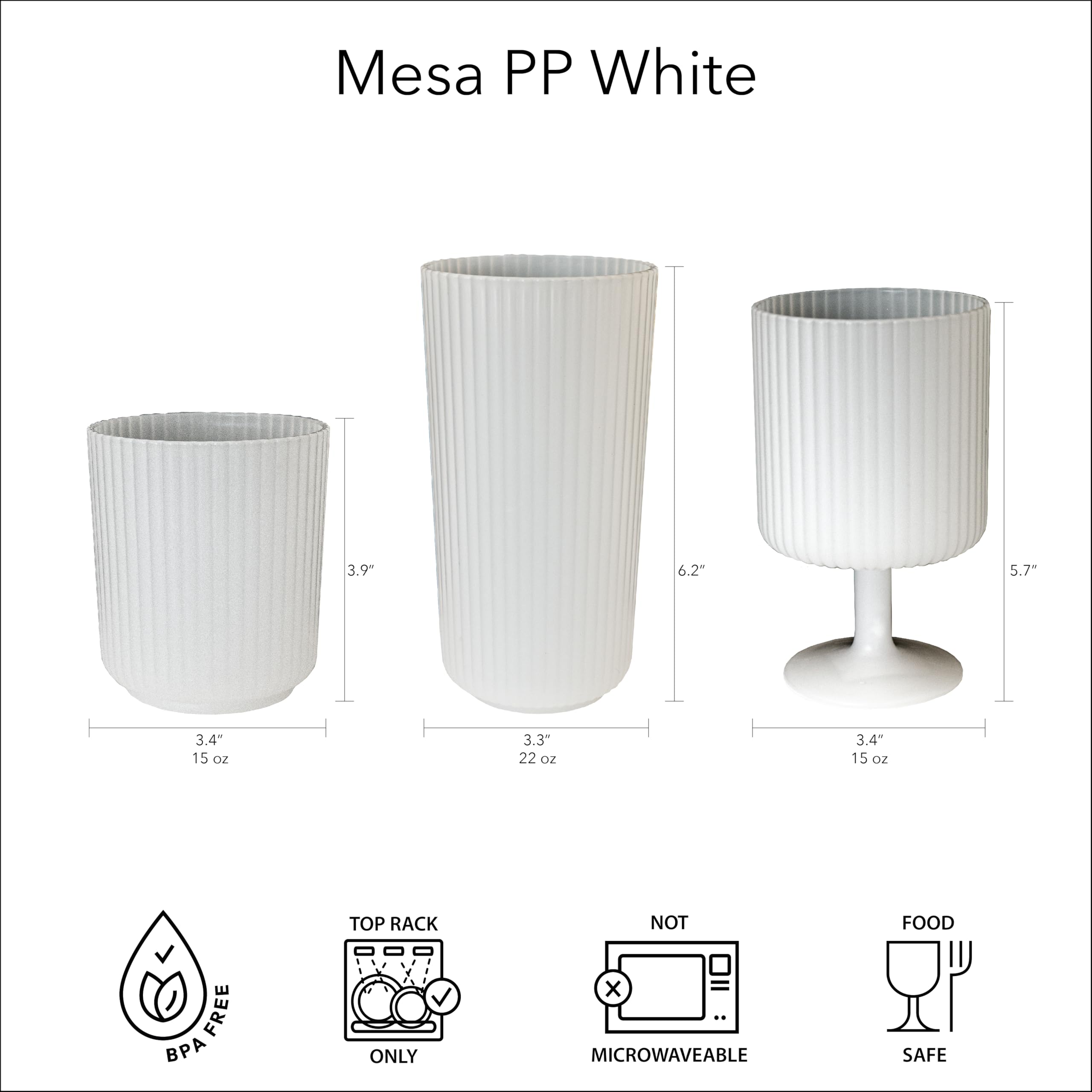 Mesa Polypro - Vasos de plástico prémium para interiores y exteriores, copa, blanco, 15 onzas, juego de 6