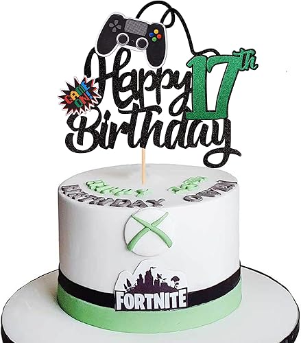 1 pieza de decoración de pastel de feliz cumpleaños 17 con purpurina para videojuegos, juego de selección de pasteles en controladores, decoración