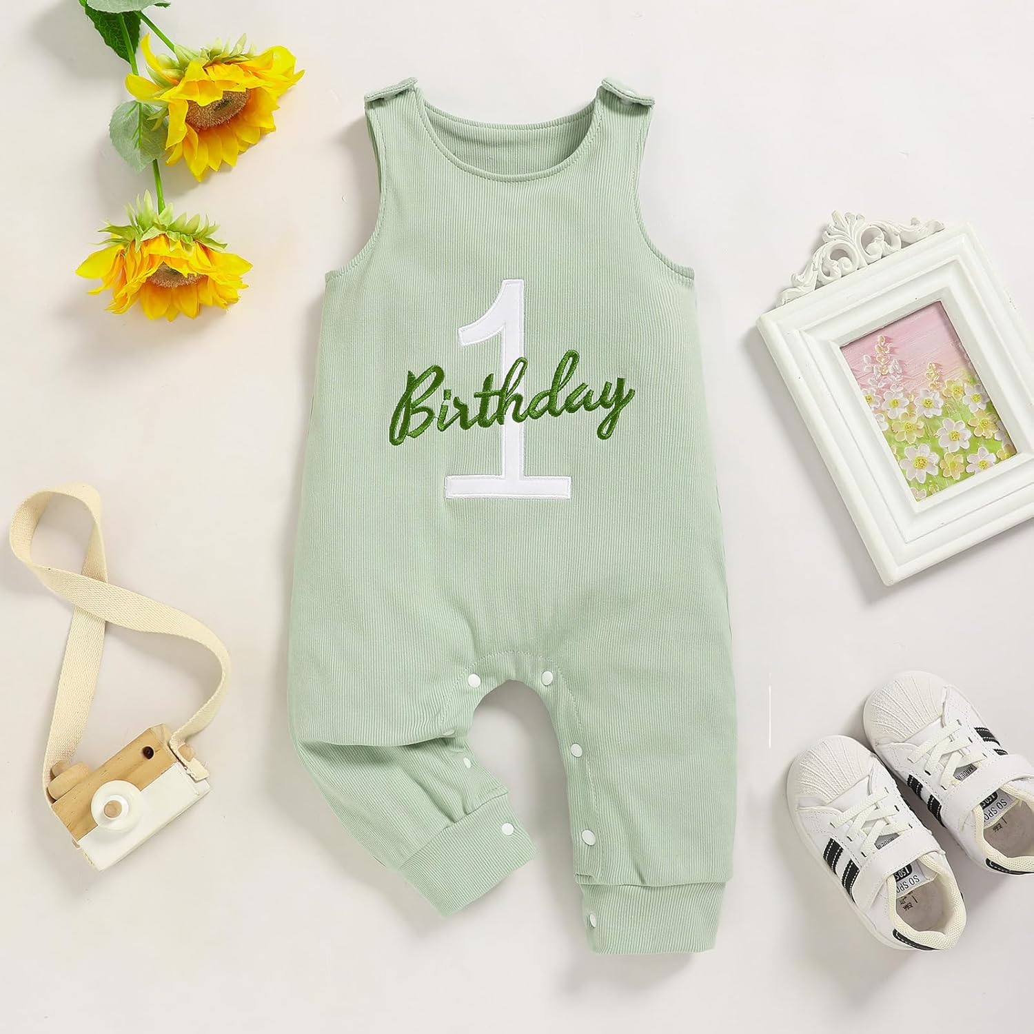 Viworld Baby Boy 1st Birthday Romper Infant Ribbed Jumpsuit Embroidery One Year Old Cake Smash Outfits - Image 2