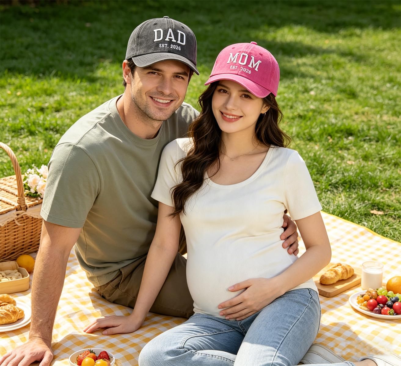 2PCS Dad and Mom EST 2026 Hats for Men Women, Adjustable Cotton Embroidered New Parents Gifts Baseball Cap