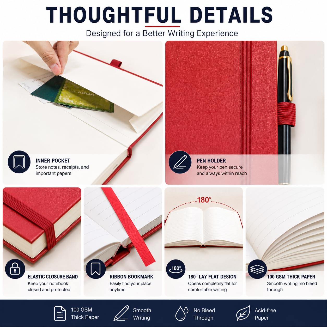 Confezione da 6 quaderni con copertina rigida, formato A5, a righe, per scrivere, lavoro, scuola, carta spessa 100 g/m², 160 pagine, diario a righe universitario con portapenne, tasca interna