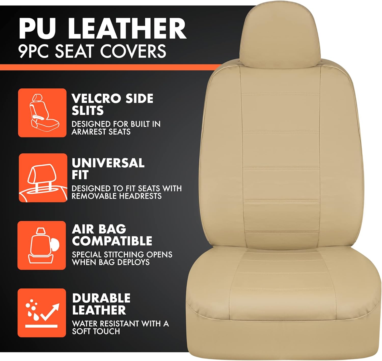 carXS Beige Leather Car Seat Covers Full Set, 9Piece Faux Leather Seat