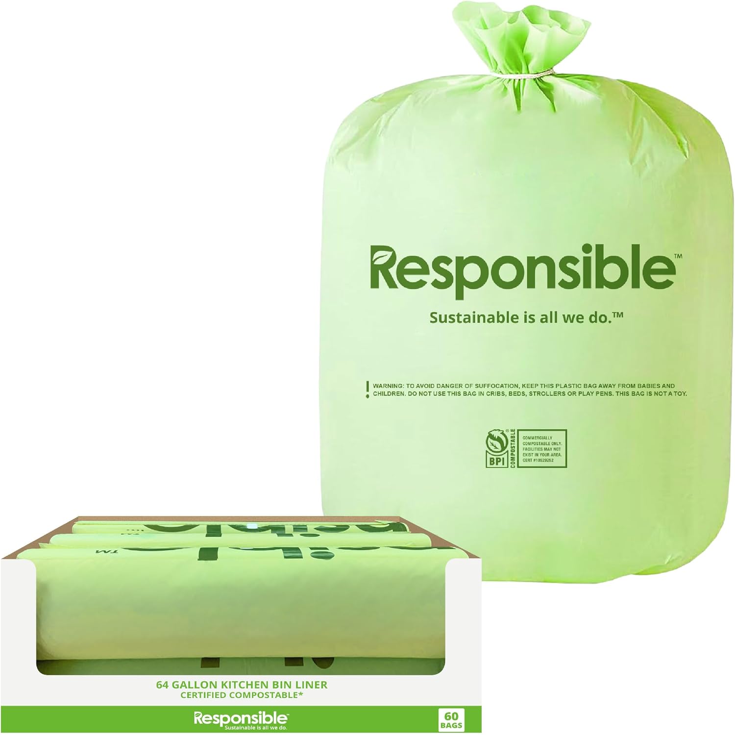 Compostable Tall Kitchen Trash Bags 64 Gallon - Heavy Duty Multipurpose Bin Liners for Food Scraps, Yard Waste & Compost (120 Count)