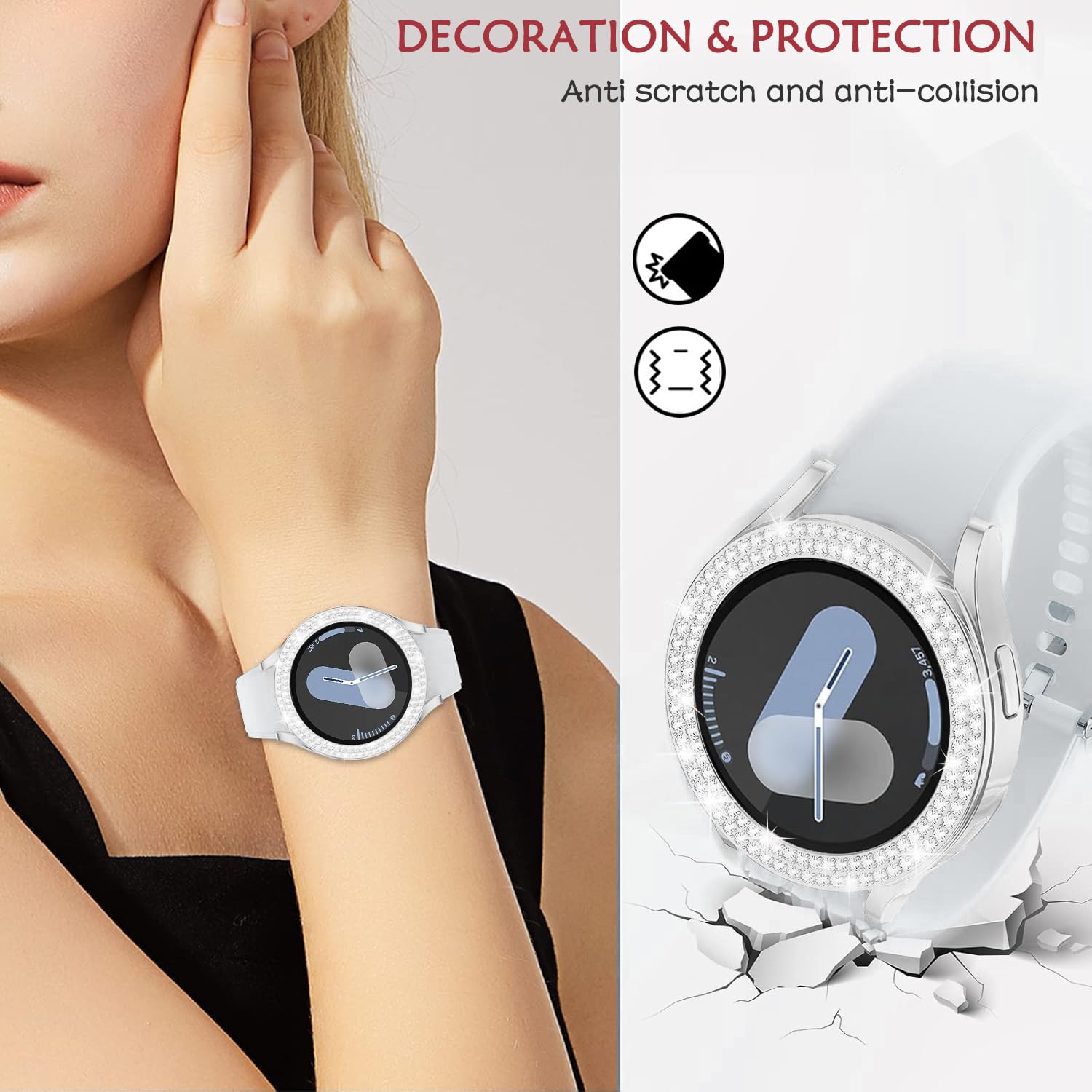 DEALELE [2-PACK] Case Compatible with Samsung Galaxy Watch 5/4 44mm, Bling Single-Row Diamond PC Protective Case Replacement Watch Cover Bumper (44mm, Gold+Transparent) — view 137