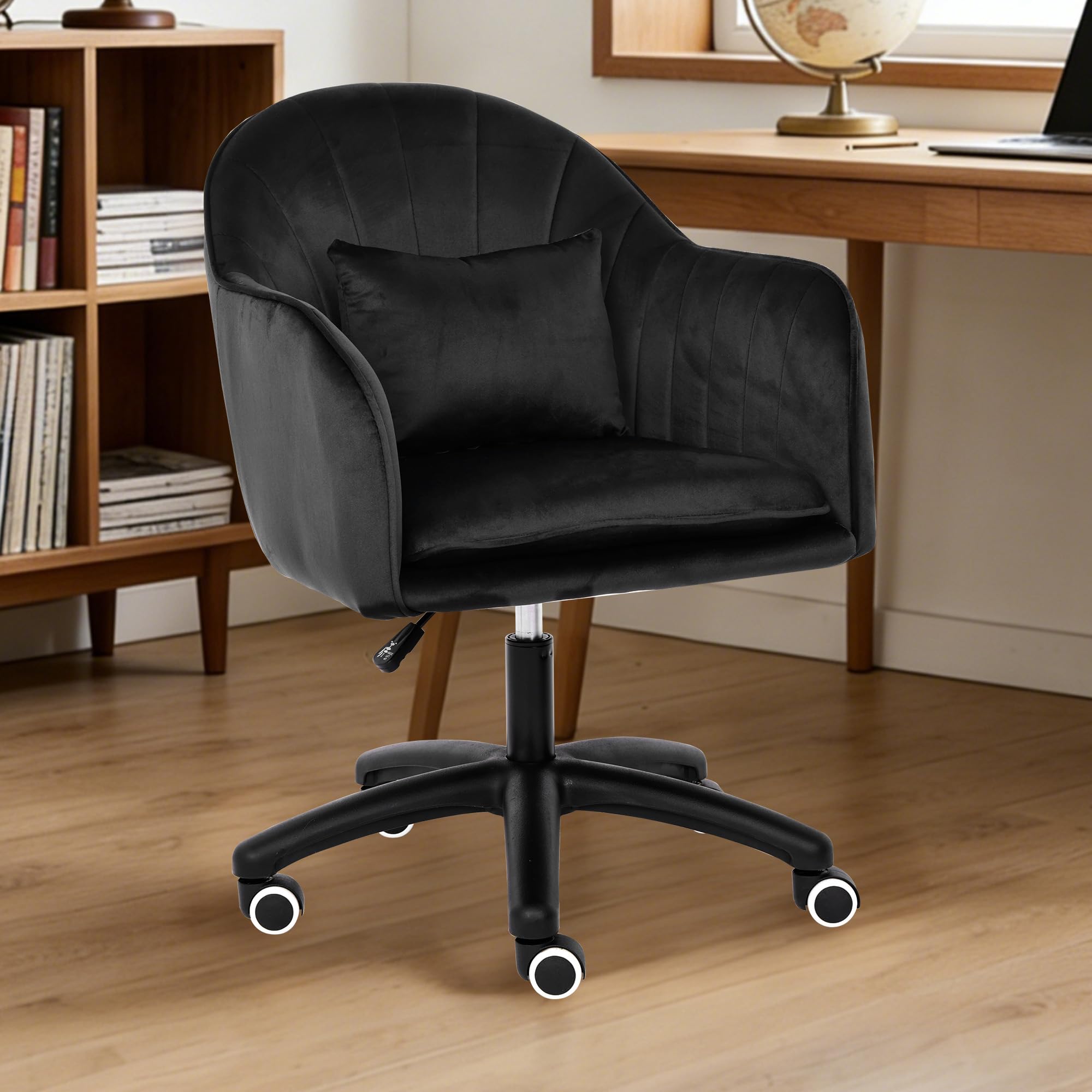 Erlium Ergonomic Office Chair, 360° Swivel Height Adjustable, Velvet Chair with Head Cushion, Home Office Chair up to 250 lbs Load Capacity, Vanity Chair for Study Room, Bedroom, Living Room, Black