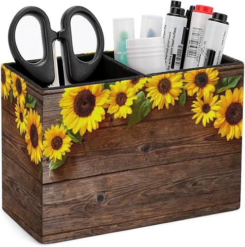 Soporte para bolígrafos, soporte para lápices para organizador de escritorio, girasol floral de madera, tazas de cuero sintético, almacenamiento de