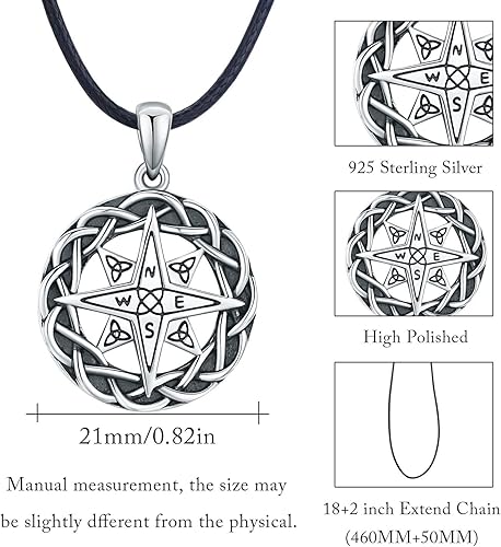 Miniatura 5 de Collar de brújula de plata de ley 925 con piedra lunar celta retro vintage, collar con colgante de brújula para mujeres, hombres, niños y niñas,