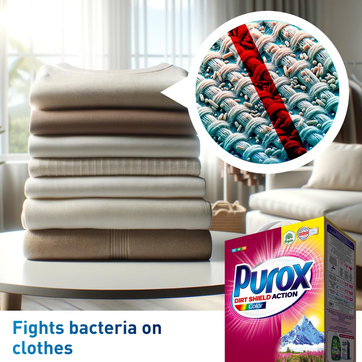 PUROX COLOR Waschpulver im Karton 142 Waschladungen 10 kg – Universelles Pulver für Farbige Textilien, Entfernt Flecken, Umweltfreundlich, Effizient, Schützt vor Kalk