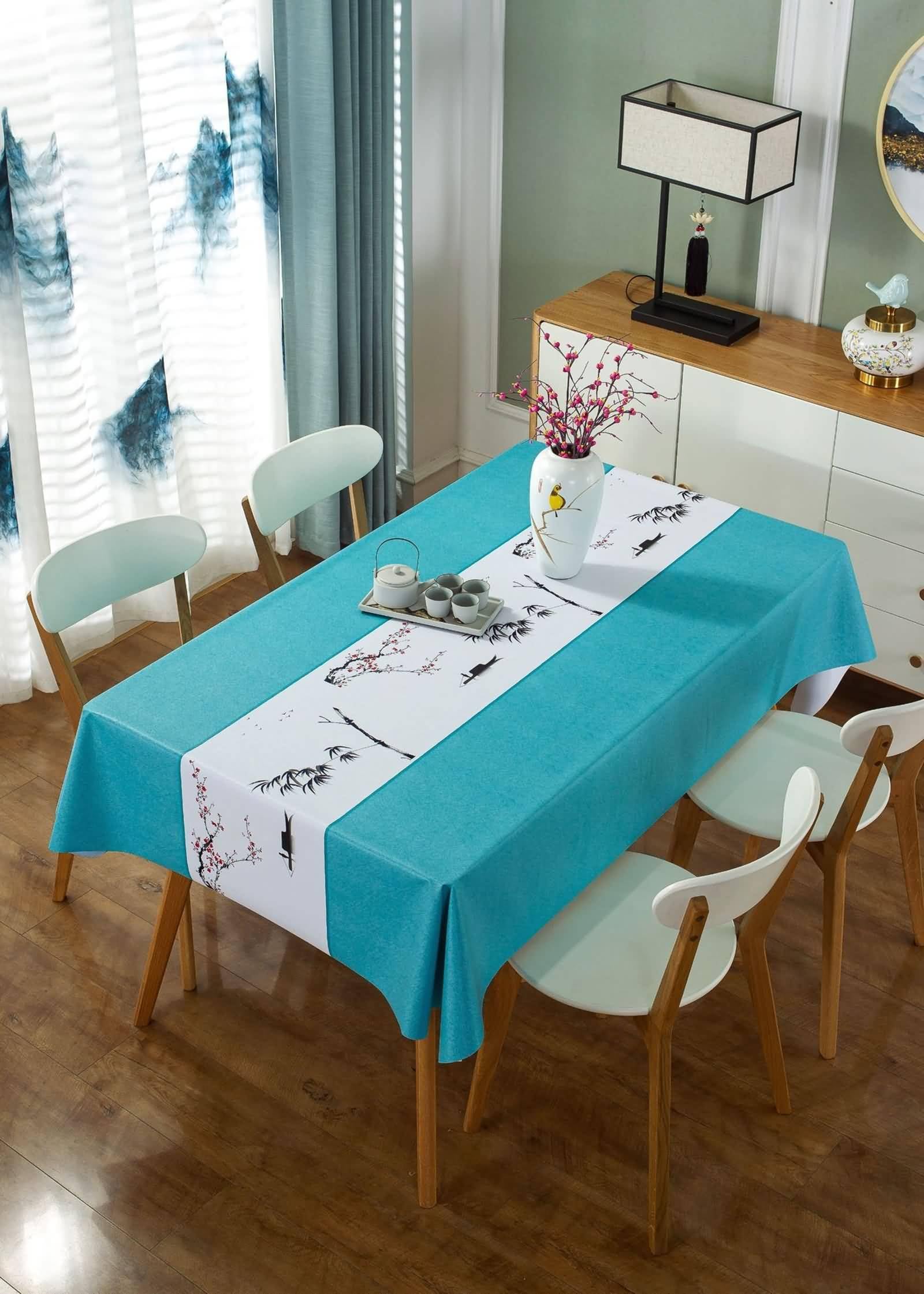 Tovaglia Decorativa Rettangolare, Tovaglie 140 x 300 cm Patchwork con motivo a fiori di pruno in PVC Copritavolo per Tavolo da Pranzo, Cucina, Festa Compleannolago Blu