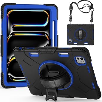 Case for iPad Pro 13 Inch M5 2025 / M4 2024, Shockproof Protective Cover with 360 Rotating Stand - Hand Strap - Shoulder Strap - Pencil Holder, Dark Blue