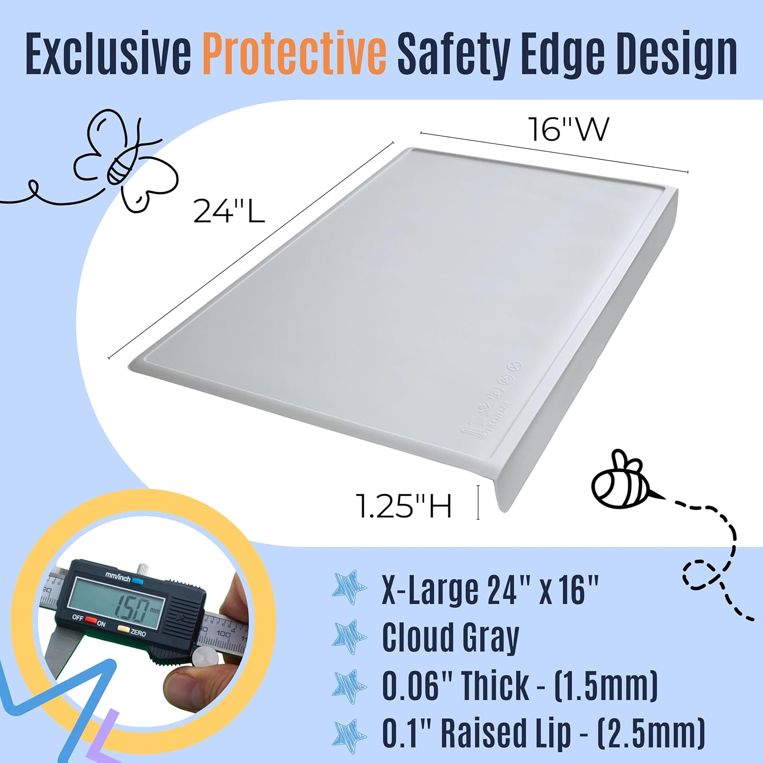 Silicone Craft Mat for Painting, PlayDoh and Art Projects with Angle-Protective Safety Edge – Toddlers & Kids Placemat – Non-Slip & BPA-Free Food Mat – 1.5mm Thick, 24"x16", Cloud Gray