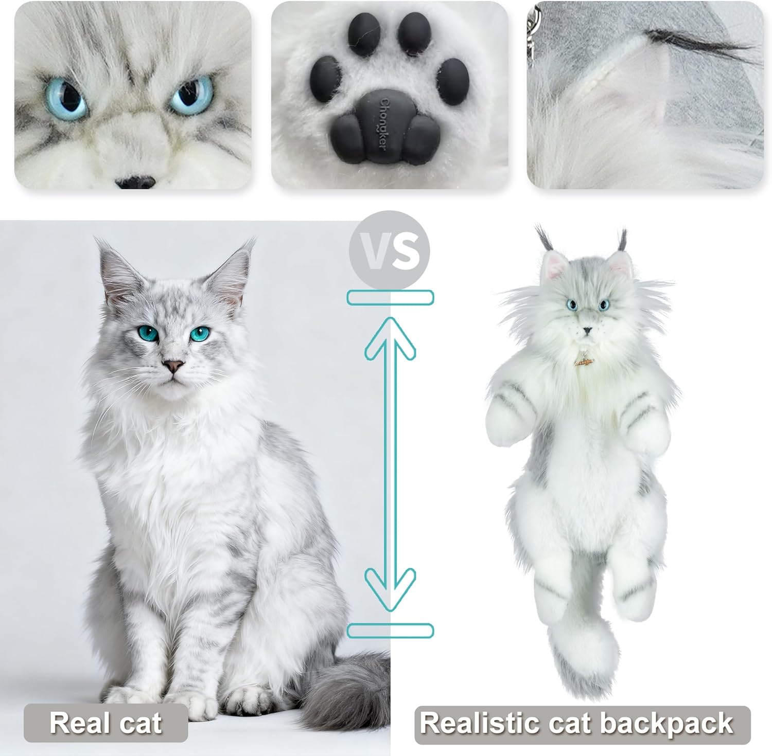 Chongker Cat Shaped Backpack - Handcrafted Stuffed Animals Plush Bag with Adjustable Shoulder, Crossbody, and Handbag Straps