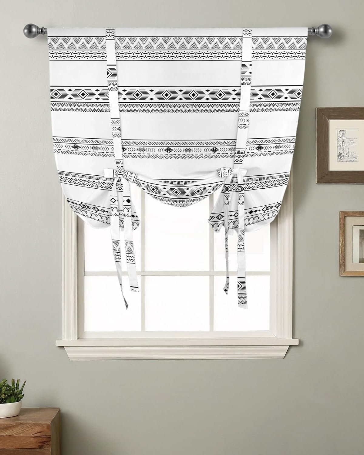 Tie Up Window Shade Curtain Tribe Abstract Geometric Kitchen Adjustable Balloon Curtains Shades Drape 46x63In for Living Room/Bedroom/Cafe Windows Modern Black White