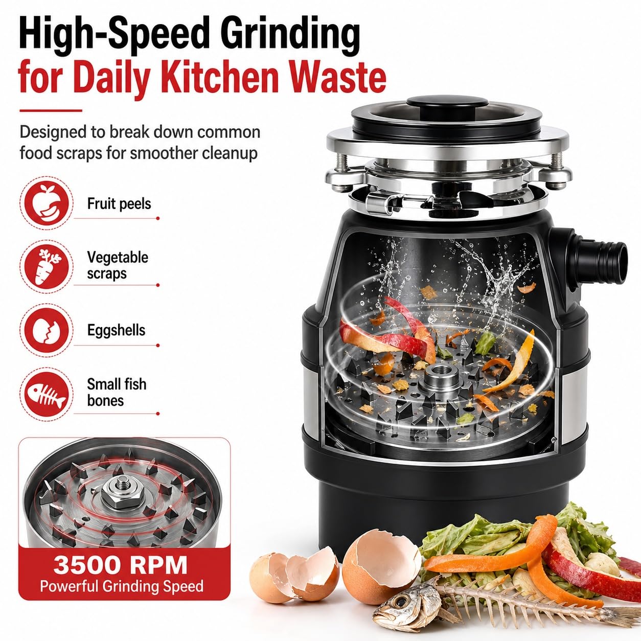 Triturador de Residuos de Alimentos de 1,2 L con Interruptor de Aire, Unidad de Eliminación de Basura for Fregadero de Cocina con Protección Contra Sobrecarga(Black)