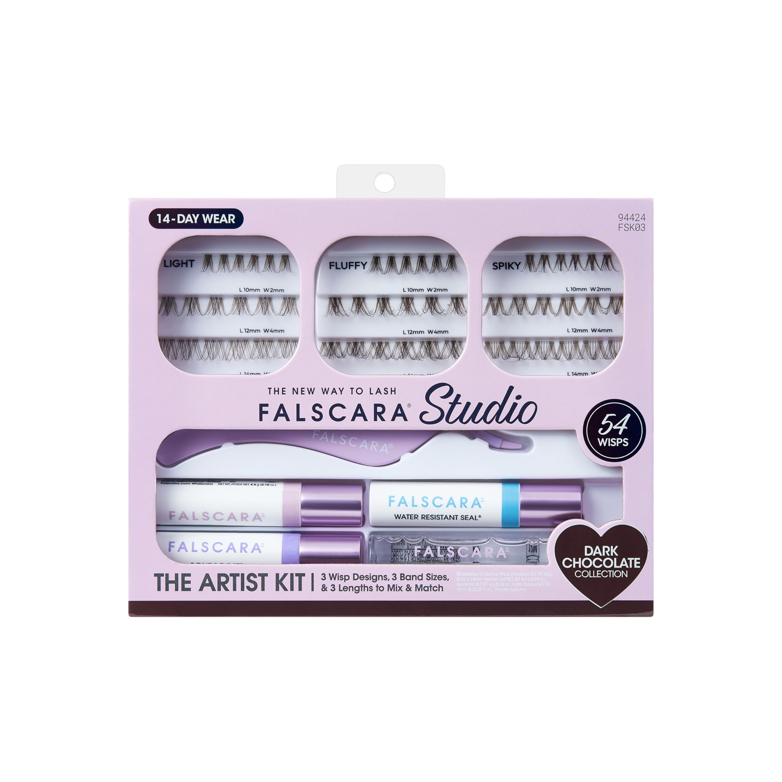 Falscara Studio Lash Extension Kit, 54 Stackable Lash Clusters, Medium Volume, 10mm-14mm, ‘Dark Chocolate’, False Eyelashes, InfuseBond, Water-Resistant Seal, BondBoost, Hydro Cleanser, Applicator